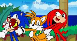 Size: 854x456 | Tagged: safe, artist:back2s0ul, knuckles the echidna (sonic), miles "tails" prower (sonic), sonic the hedgehog (sonic), canine, echidna, fox, hedgehog, mammal, monotreme, red fox, anthro, sega, sonic the hedgehog (series), 2009, 2d, 2d animation, animated, male, males only, maracas, sound, trio, trio male, webm