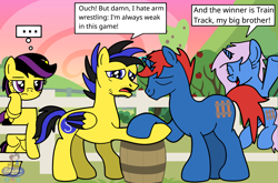 Size: 2488x1640 | Tagged: safe, artist:butterfly-bases, artist:estories, artist:mrstheartist, oc, oc only, oc:alexandra cloudy 2.0, oc:ponyseb 2.0, oc:radiant rail, oc:train track, equine, fictional species, mammal, pegasus, pony, unicorn, feral, friendship is magic, hasbro, my little pony, ..., arm wrestling, barrel, base used, black outline, colored wings, cutie mark, eyes closed, fence, open mouth, speech bubble, sweet apple acres, unamused, wings