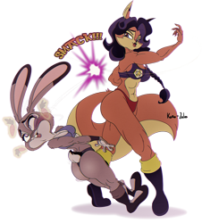Size: 903x1000 | Tagged: suggestive, artist:koro, part of a set, carmelita fox (sly cooper), judy hopps (zootopia), canine, fox, lagomorph, mammal, rabbit, anthro, disney, sly cooper (series), zootopia, boots, bra, breasts, butt, clothes, defeated, dizzy, duo, fainting, falling, female, fighting, fur, knocked out, knockout, muscles, muscular female, panties, punching, shoes, silly, silly face, simple background, slap, sports bra, tail, thong, topwear, transparent background, underwear, wrestling