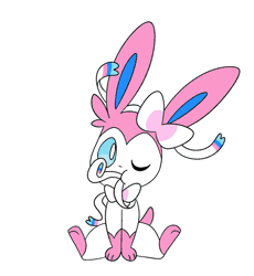 Size: 767x833 | Tagged: safe, artist:robosylveon, eeveelution, fictional species, mammal, sylveon, feral, nintendo, pokémon, 2016, 2d, 2d animation, ambiguous gender, animated, black nose, blue sclera, colored sclera, digital art, ears, fur, gif, looking at you, one eye closed, paws, ribbons (body part), simple background, sitting, solo, solo ambiguous, tail