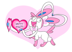 Size: 1280x936 | Tagged: safe, artist:robosylveon, eeveelution, fictional species, mammal, sylveon, feral, nintendo, pokémon, 2018, ambiguous gender, black nose, digital art, ears, fur, holiday, open mouth, paws, ribbons (body part), shrunken pupils, simple background, sitting, solo, solo ambiguous, tail, tongue, valentine's day