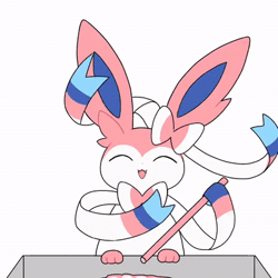 Size: 400x400 | Tagged: safe, artist:tontaro, eeveelution, fictional species, mammal, sylveon, feral, nintendo, pokémon, 1:1, 2021, 2d, 2d animation, ambiguous gender, animated, black nose, candy, chopping, digital art, ears, eyes closed, food, fur, gif, low res, open mouth, paws, ribbons (body part), simple background, solo, solo ambiguous, tail, tongue, white background
