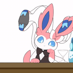 Size: 472x472 | Tagged: safe, artist:tontaro, eeveelution, fictional species, mammal, sylveon, feral, nintendo, pokémon, 1:1, 2021, alcohol, ambiguous gender, animated, black nose, blue sclera, bow, bow tie, clothes, colored sclera, digital art, drink, ears, fur, gif, looking at you, low res, martini, martini glass, paws, ribbons (body part), shaking, simple background, solo, solo ambiguous, tail