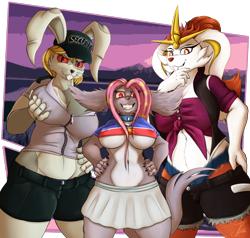 Size: 1350x1287 | Tagged: suggestive, artist:jamescorck, mimi tachikawa (digimon), cinderace, fictional species, gazimon, lagomorph, mammal, rabbit, anthro, digimon, five nights at freddy's, five nights at freddy's: security breach, nintendo, pokémon, 2022, accessories, belly button, bottomwear, breasts, buckteeth, cheek fluff, clothes, colored sclera, commission, crop top, cropped shirt, detailed background, digital art, ears, eyelashes, female, females only, fluff, fur, hair, hand on hip, hat, headwear, jacket, looking at you, midriff, nipple outline, pink nose, red nose, red sclera, shirt, shorts, skirt, smiling, smiling at you, starter pokémon, tail, tank top, teeth, thighs, topwear, trio, trio female, underboob, vanny (fnaf), wide hips