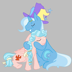 Size: 1378x1378 | Tagged: safe, artist:transpool, cozy glow (mlp), trixie (mlp), equine, fictional species, mammal, pegasus, pony, unicorn, friendship is magic, hasbro, my little pony, adopted offspring, cute, eyes closed, happy, headcanon, horn, horn ring, hug, ring, smiling