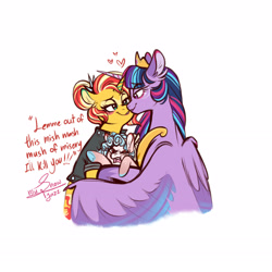 Size: 2893x2893 | Tagged: safe, artist:snowballflo, cozy glow (mlp), sunset shimmer (mlp), twilight sparkle (mlp), alicorn, equine, fictional species, mammal, pegasus, pony, unicorn, friendship is magic, hasbro, my little pony, adopted offspring, angry, bedroom eyes, crown, female, female/female, females only, filly, foal, headwear, hug, jewelry, makeup, mare, regalia, shipping, signature, simple background, smiling, sunsetsparkle (mlp), trio, trio female, white background, young