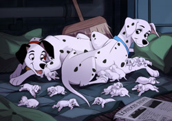 Size: 1280x905 | Tagged: safe, artist:naviheart, perdita (101 dalmatians), pongo (101 dalmatians), canine, dalmatian, dog, mammal, feral, 101 dalmatians, disney, 2d, ambiguous gender, broom, collar, cushion, cute, eyes closed, female, group, male, newspaper, open mouth, paw pads, paws, puppy, sleeping, young