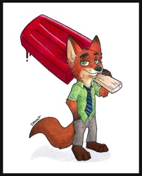 Size: 800x989 | Tagged: safe, artist:danwolf15, nick wilde (zootopia), canine, fox, mammal, red fox, anthro, disney, zootopia, 2d, food, looking at you, male, popsicle, simple background, solo, solo male, white background