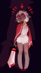 Size: 1450x2550 | Tagged: safe, artist:spuydjeks, lamb (cult of the lamb), bovid, caprine, lamb, mammal, sheep, anthro, cult of the lamb, ambiguous gender, cloak, crown, headwear, jewelry, mostly offscreen character, red crown (cult of the lamb), regalia, sword, weapon
