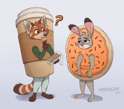 Size: 1280x1122 | Tagged: safe, artist:aar0njay, judy hopps (zootopia), lagomorph, mammal, rabbit, red panda, anthro, disney, zootopia, 2d, clothes, coffee, cookie, costume, drink, duo, duo male and female, female, food, food costume, male