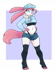 Size: 2100x2700 | Tagged: safe, artist:ambris, oc, oc only, eeveelution, fictional species, mammal, sylveon, anthro, nintendo, pokémon, 2022, anthrofied, belly button, blue sclera, border, breasts, clothes, colored sclera, commission, crop top, cropped hoodie, ears, female, hand on hip, midriff, smiling, solo, solo female, tail, thighs, tippy-toes, tomboy, topwear, white border
