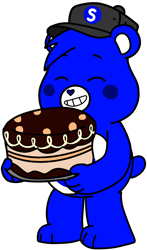 Size: 1146x1955 | Tagged: safe, artist:mrstheartist, edit, edited screencap, screencap, oc, oc only, oc:creative bear, bear, fictional species, mammal, semi-anthro, care bears, care bears: unlock the magic, black outline, blushing, bright colors, cap, care bear, chocolate cake, eyes closed, hat, headwear, holding, holding object, male, simple background, smiling, solo, solo male, style emulation, transparent background, vector