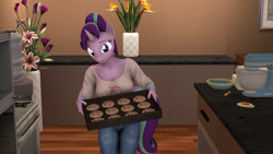 Size: 3840x2160 | Tagged: safe, artist:coolc, starlight glimmer (mlp), equine, fictional species, mammal, pony, unicorn, anthro, friendship is magic, hasbro, my little pony, 2022, 3d, anthrofied, baking sheet, bottomwear, bowl, breasts, clothes, container, cookie, denim, digital art, egg, female, flower, food, high res, horn, jeans, kitchen, mare, mixing bowl, pants, plant, source filmmaker, stove