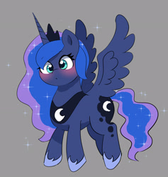 Size: 2732x2876 | Tagged: safe, artist:leo19969525, princess luna (mlp), alicorn, equine, fictional species, mammal, pony, feral, friendship is magic, hasbro, my little pony, 2022, blushing, crown, cute, cutie mark, cyan eyes, ethereal mane, ethereal tail, feathered wings, feathers, female, flying, gray background, hair, headwear, high res, hoof shoes, horn, jewelry, mane, mare, peytral, regalia, simple background, solo, solo female, spread wings, tail, wings