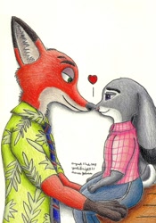 Size: 1204x1719 | Tagged: safe, artist:yoshithefox, judy hopps (zootopia), nick wilde (zootopia), canine, fox, mammal, red fox, disney, zootopia, cute, heart, looking at you, nuzzling