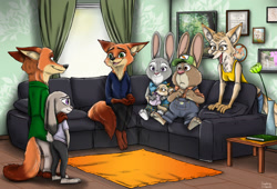 Size: 1968x1335 | Tagged: safe, artist:ziegelzeig, bonnie hopps (zootopia), judy hopps (zootopia), nick wilde (zootopia), stu hopps (zootopia), canine, fox, lagomorph, mammal, rabbit, disney, zootopia, baby, building, couch, crying, cub, ear piercing, earring, flower, house, picture frame, piercing, plant, sweat, tears of joy, vase, young