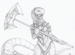 Size: 1280x946 | Tagged: safe, artist:crestfallenart1, reptile, snake, anthro, armor, axe, female, monochrome, signature, simple background, solo, solo female, tail, traditional art, weapon, white background