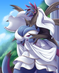Size: 980x1225 | Tagged: safe, alternate version, artist:mleonheart, fictional species, hydreigon, anthro, nintendo, pokémon, 2022, anthrofied, black sclera, breasts, cleavage, clothes, cloud, colored sclera, detailed background, digital art, dress, eyelashes, female, hair, huge breasts, looking at you, open mouth, scales, sharp teeth, sky, solo, solo female, tail, teeth, thighs, tongue, wedding dress, wide hips