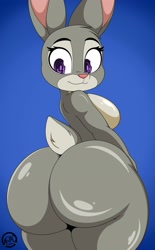 Size: 1268x2048 | Tagged: suggestive, alternate version, artist:nr_ac, judy hopps (zootopia), lagomorph, mammal, rabbit, anthro, disney, zootopia, 2022, bedroom eyes, black nose, breasts, butt, digital art, ears, eyelashes, female, fur, huge butt, looking back, nudity, pink nose, rear view, sideboob, simple background, solo, solo female, tail, thighs, wide hips