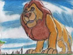 Size: 1280x964 | Tagged: safe, artist:hippobrains, simba (the lion king), big cat, feline, human, lion, mammal, disney, the lion king, giant, macro, male, traditional art