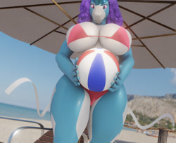 Size: 1280x1042 | Tagged: suggestive, artist:xlkev, fictional species, legendary pokémon, suicune, anthro, nintendo, pokémon, 2022, 3d, absolute cleavage, anthrofied, ball, beach, beach ball, beach umbrella, big breasts, bikini, blender cycles, breasts, cleavage, clothes, digital art, ears, eyelashes, female, hair, holding, horn, looking at you, ocean, sand, scales, sky, solo, solo female, swimsuit, thighs, umbrella, water, wide hips