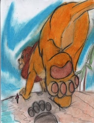 Size: 980x1280 | Tagged: safe, artist:hippobrains, mufasa (the lion king), big cat, feline, human, lion, mammal, disney, the lion king, butt, fetish, foot fetish, giant, macro, male, paw pads, paw prints, paws, raised paw, size difference, traditional art, walking