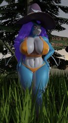 Size: 704x1280 | Tagged: suggestive, artist:xlkev, fictional species, legendary pokémon, suicune, anthro, nintendo, pokémon, 2021, 3d, absolute cleavage, anthrofied, belly button, bikini, blender cycles, breasts, cleavage, clothes, digital art, ears, eyelashes, female, grass, hair, hat, headwear, horn, huge breasts, looking at you, midriff, pose, purple hair, scales, smiling, solo, solo female, swimsuit, thighs, wide hips, witch hat