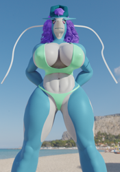 Size: 700x1000 | Tagged: suggestive, artist:xlkev, fictional species, legendary pokémon, suicune, anthro, nintendo, pokémon, 2021, 3d, arm behind back, beach, belly button, bikini, blender cycles, breasts, clothes, digital art, ears, eyelashes, female, hair, horn, huge breasts, looking at you, nipple outline, pose, scales, solo, solo female, swimsuit, thighs, wide hips