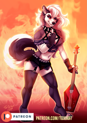 Size: 905x1280 | Tagged: safe, artist:toxi, artist:toxidevyne, loona (vivzmind), canine, fictional species, hellhound, mammal, anthro, digitigrade anthro, hazbin hotel, helluva boss, 2022, bedroom eyes, belly button, black nose, bottomwear, breasts, clothes, collar, colored sclera, digital art, ears, electric guitar, eyelashes, female, fingerless gloves, fingers, fur, gloves, guitar, hair, legwear, looking at you, middle finger, musical instrument, red sclera, shorts, solo, solo female, spiked collar, stockings, tail, tank top, thick thighs, thighs, topwear, vulgar, wide hips
