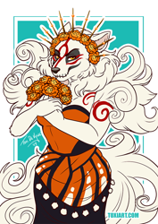 Size: 700x990 | Tagged: safe, artist:toxi, amaterasu (okami), canine, mammal, wolf, anthro, capcom, okami, 2020, bedroom eyes, black nose, breasts, clothes, commission, day of the dead, digital art, dress, ears, eyelashes, female, flat colors, fur, hair, looking at you, pose, smiling, smiling at you, solo, solo female, tail, thighs, tribal markings, wide hips