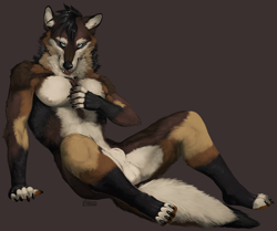 Size: 1400x1168 | Tagged: suggestive, artist:psilone, oc, oc only, oc:canonical, canine, mammal, wolf, anthro, digitigrade anthro, animal genitalia, balls, black hair, claws, hair, looking at you, male, nudity, paws, sheath, sheathed, signature, simple background, solo, solo male, tail