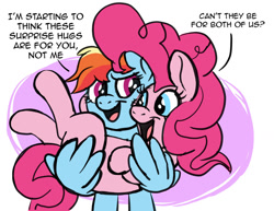 Size: 1280x990 | Tagged: safe, artist:doodledonutart, pinkie pie (mlp), rainbow dash (mlp), earth pony, equine, fictional species, mammal, pegasus, pony, feral, friendship is magic, hasbro, my little pony, 2022, comic, dialogue, eyelashes, feathered wings, feathers, female, holding, hug, implied lesbian, implied shipping, mare, simple background, talking, white background, wing hands, wing hold, wings