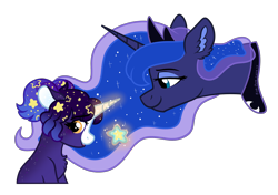 Size: 2350x1650 | Tagged: safe, artist:pink-pone, princess luna (mlp), oc, oc only, oc:nova stella (pink-pone), alicorn, equine, fictional species, mammal, pony, unicorn, feral, friendship is magic, hasbro, my little pony, 2022, ethereal mane, eyelashes, female, glowing, glowing horn, horn, mare, simple background, transparent background
