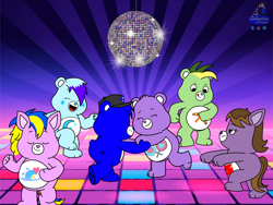 Size: 4800x3600 | Tagged: safe, artist:mrstheartist, edit, edited screencap, screencap, share bear (care bears), oc, oc:creative bear, oc:didgeree, oc:hot wave horse, oc:lena hamilton, oc:noi kincade, bear, equine, fictional species, horse, mammal, semi-anthro, care bears, care bears: unlock the magic, absurd resolution, belly badge, cap, care bear, couple, dance floor, dancing, disco ball, eyes closed, hat, headwear, heart nose, high res