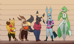 Size: 5000x3000 | Tagged: suggestive, artist:faejunkie, eevee, eeveelution, fictional species, gardevoir, glaceon, mammal, pikachu, umbreon, anthro, digitigrade anthro, nintendo, pokémon, 2020, bedroom eyes, black nose, bottomwear, breasts, clothes, colored sclera, detailed background, digital art, dress, ears, eyelashes, fluff, fur, hair, neck fluff, nipple outline, pants, red sclera, shirt, shorts, size difference, tail, thighs, topwear, wide hips