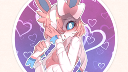 Size: 1920x1080 | Tagged: safe, artist:drunk_oak, eeveelution, fictional species, mammal, sylveon, anthro, nintendo, pokémon, 16:9, 2022, anthrofied, bedroom eyes, black nose, blue sclera, blushing, breasts, clothes, colored sclera, detailed background, digital art, ears, eyelashes, female, fur, hair, looking at you, one eye closed, open mouth, pose, ribbons (body part), shirt, solo, solo female, tongue, topwear, wallpaper, yandere