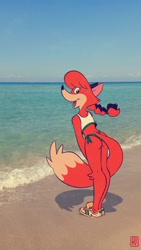 Size: 1152x2048 | Tagged: safe, artist:fox-popvli, oc, oc:patty (fox-popvli), canine, fox, mammal, anthro, beach, big butt, butt, clothes, crop top, cute, cute little fangs, fangs, female, hair, looking at you, looking back, looking back at you, ocean, open mouth, open smile, panties, pigtails, sand, sky, smiling, smiling at you, solo, solo female, teeth, thick thighs, thighs, topwear, underwear, vixen, water, wide hips