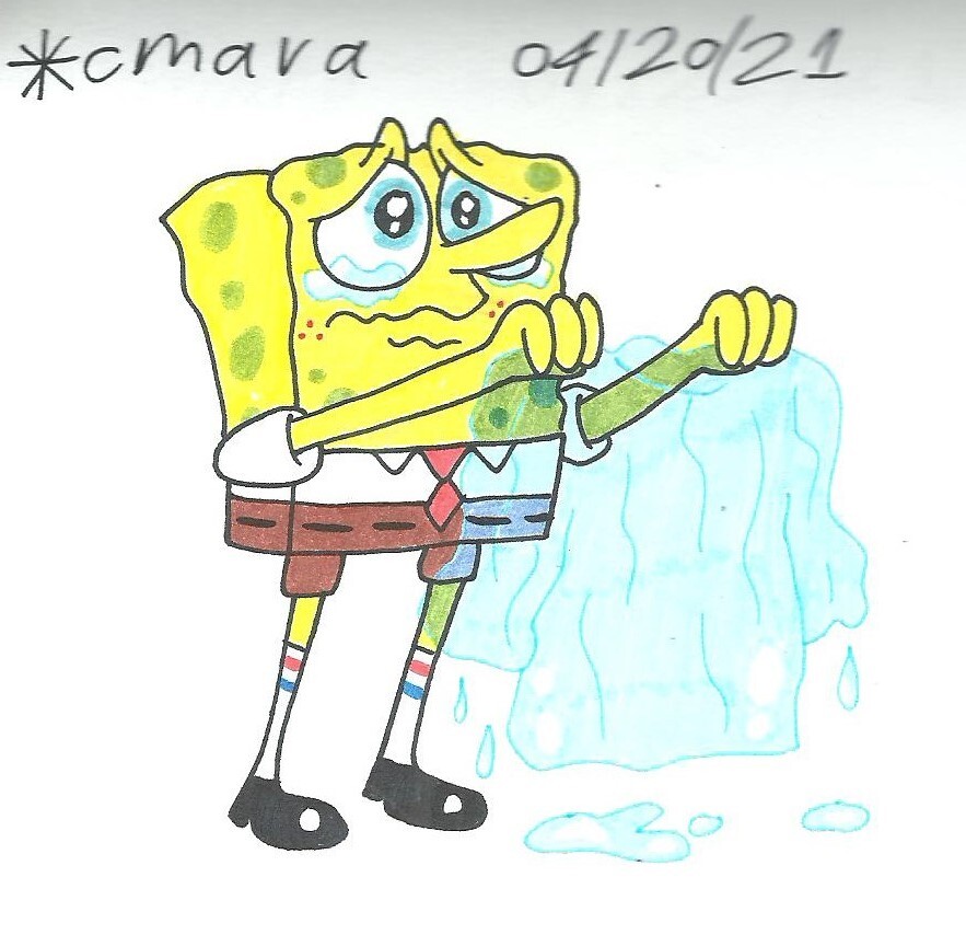 179733 - safe, artist:cmara, spongebob (spongebob), sponge (species),  anthro, nickelodeon, spongebob squarepants (series), crying, male, sad,  solo, solo male, traditional art - Furbooru