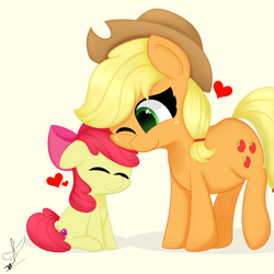 Size: 2000x2000 | Tagged: safe, artist:daftramms, apple bloom (mlp), applejack (mlp), earth pony, equine, fictional species, mammal, pony, feral, friendship is magic, hasbro, my little pony, 2022, cute, duo, duo female, fanart, female, females only, filly, foal, high res, mare, nuzzling, siblings, simple background, sister, sisters, white background, young