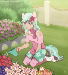 Size: 1181x1300 | Tagged: safe, artist:inuhoshi-to-darkpen, dahlia (mlp g5), fictional species, mammal, satyr, humanoid, hasbro, my little pony, my little pony g5, spoiler:my little pony g5, clothes, eye through hair, eyebrow through hair, eyebrows, flower, flower in hair, fluff, hair, hair accessory, leg fluff, plant, scarf, watering, watering can