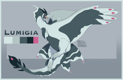 Size: 2923x1907 | Tagged: safe, artist:vantabats, oc, oc only, fictional species, legendary pokémon, lugia, lumineon, feral, nintendo, pokémon, 2022, color palette, flying, fusion, open mouth, solo, spread wings, wings