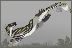 Size: 2500x1663 | Tagged: safe, artist:vantabats, oc, oc only, dragon, feline, fictional species, mammal, feral, 2022, claws, digital art, fangs, fur, gray background, green claws, multicolored fur, sharp teeth, simple background, solo, stinger, talons, teeth, wings