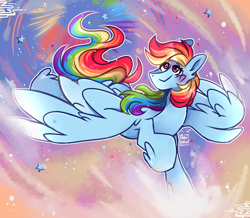 Size: 3900x3400 | Tagged: safe, artist:itsmoonprism, rainbow dash (mlp), equine, fictional species, mammal, pegasus, pony, feral, cc by-nc-nd, creative commons, friendship is magic, hasbro, my little pony, 2022, blue body, blue fur, feathered wings, feathers, female, flying, fur, hair, high res, mane, mare, rainbow hair, rainbow mane, rainbow tail, smiling, tail, wings