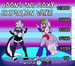 Size: 1920x1680 | Tagged: safe, artist:madnevil, loona (vivzmind), roxanne wolf (fnaf), canine, fictional species, hellhound, mammal, wolf, anthro, digitigrade anthro, comic:loona and roxy expansion drive, five nights at freddy's, five nights at freddy's: security breach, helluva boss, 2021, 3 toes, abstract background, amber eyes, arm warmers, big tail, black nose, bottomwear, clothes, collar, colored sclera, comic, crop top, cropped shirt, crossover, duo, duo female, english text, female, females only, fingerless gloves, fingers, fur, gloves, ko-fi logo, leg warmers, legwear, long tail, looking at you, looking to the side, middle finger, midriff, open mouth, purple body, purple fur, red sclera, spiked collar, tail, text, thigh highs, toeless legwear, topwear, vulgar, weight gain drive, white body, white eyes, white fur