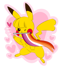 Size: 1500x1800 | Tagged: safe, artist:zerotheillemonati, fictional species, mammal, pikachu, nintendo, pokémon, chest fluff, female, flag, fluff, gesture, hair, heart, holding, lesbian pride flag, looking at you, mouth hold, one eye closed, pride flag, simple background, solo, solo female, standing, v sign, winking, yellow body