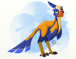 Size: 1280x994 | Tagged: safe, artist:trunksi, bird, beak, blue feathers, claws, feathers, flut flut (jak and daxter), lineless, looking up, orange feathers, signature, simple background, solo, standing, tail, tail feathers, talons, wings