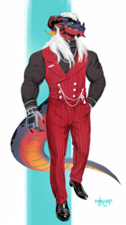 Size: 1398x2500 | Tagged: safe, artist:finbeard, dragon, fictional species, anthro, clothes, horns, male, solo, solo male, suit, tail