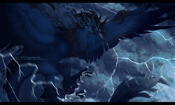 Size: 1280x768 | Tagged: safe, artist:okjhgfrgfgf12, oc, oc only, dragon, fictional species, reptile, wyvern, feral, cloud, flying, lightning, rain, solo, spread wings, storm, wings
