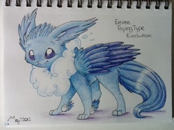 Size: 923x692 | Tagged: safe, artist:gatorette8, bird, canine, eeveelution, fakemon, fictional species, fox, hybrid, mammal, feral, nintendo, pokémon, 2013, all fours, ambiguous gender, blue body, blue eyes, blue fur, cloud, ear fluff, ears, fake eeveelution, feathered wings, feathers, fluff, folded wings, fur, long ears, looking at you, smiling, traditional art, wings