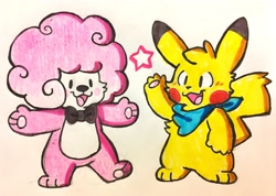 Size: 3827x2728 | Tagged: safe, artist:raystarkitty, tibby (rhythm heaven), oc, oc:blitz (raystarkitty), bear, fictional species, mammal, pikachu, anthro, semi-anthro, nintendo, pokémon, rhythm heaven, bandanna, bow, bow tie, cheek fluff, chest fluff, clothes, cub, curled hair, duo, duo male, fluff, hair, head fluff, male, males only, open mouth, paws, raised arm, stars, t-pose, tail, tail fluff, tongue, traditional art, young